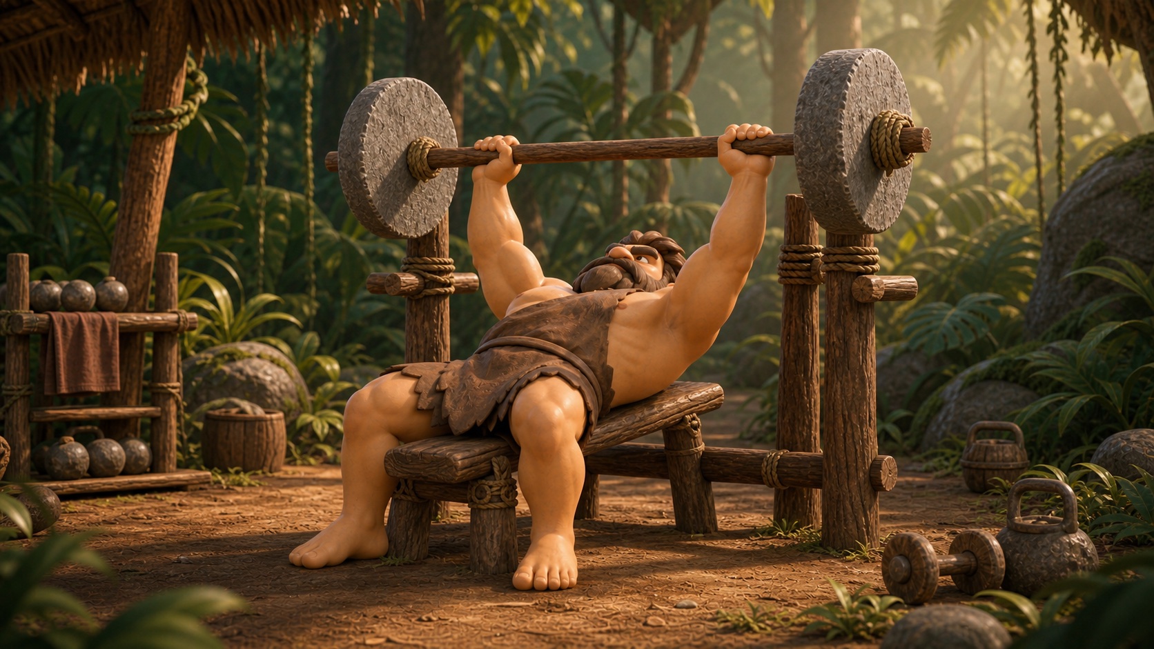 Torq demonstrating a barbell bench press on a wooden bench