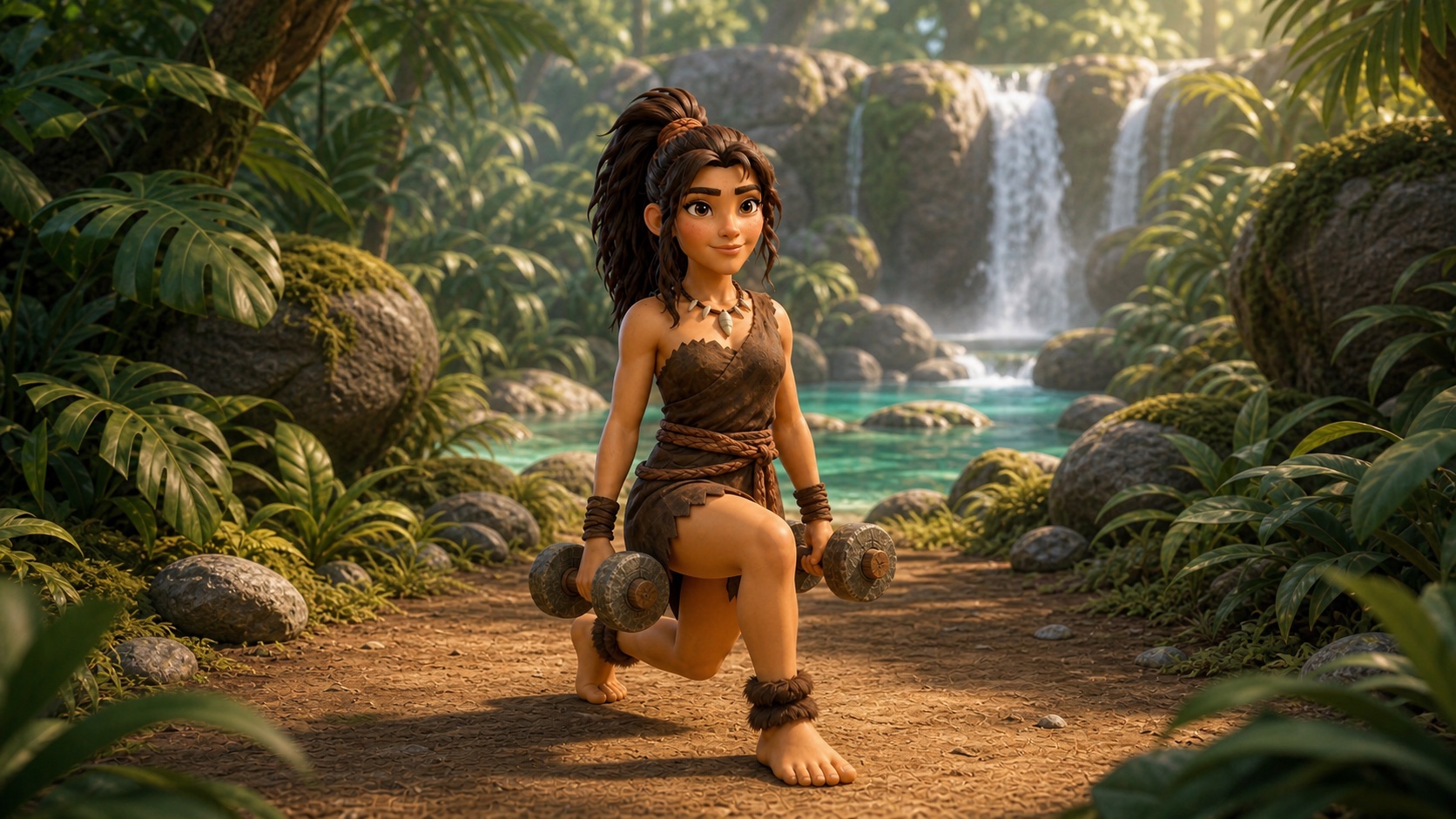 Tora demonstrating a dumbbell walking lunge on a jungle path