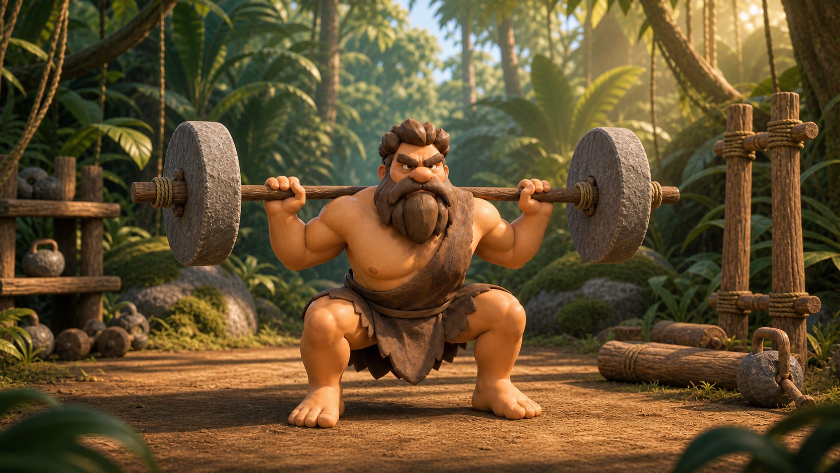 Torq performing a low-bar back squat with a stone barbell in a jungle clearing