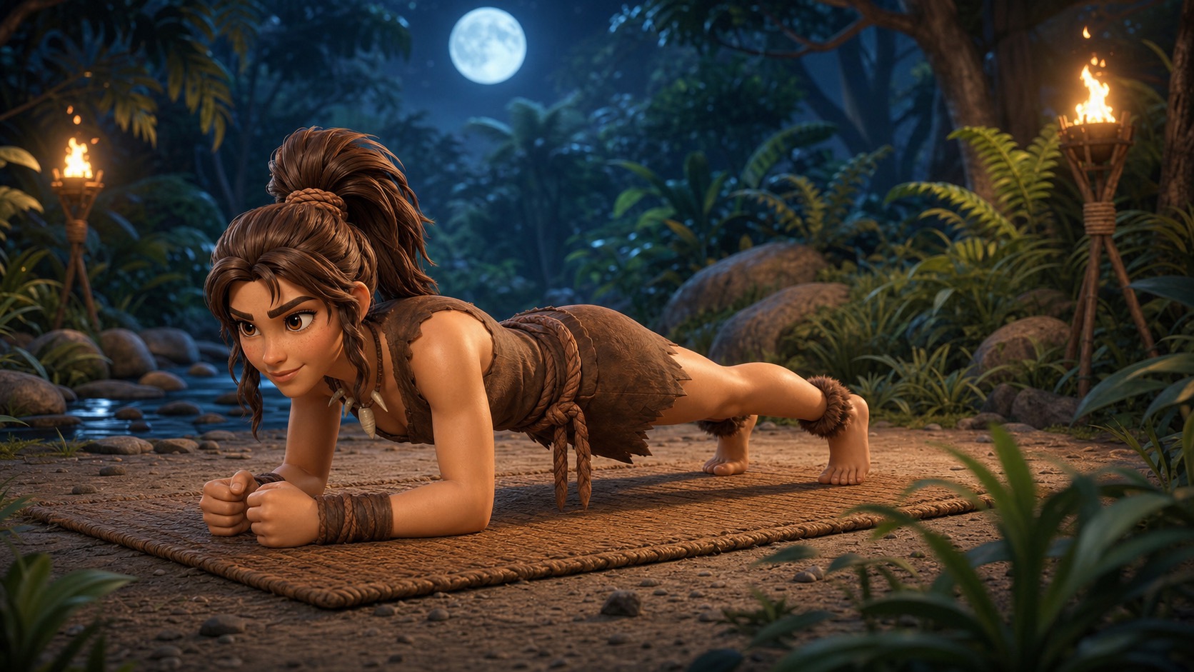 Tora demonstrating a forearm plank by a moonlit river