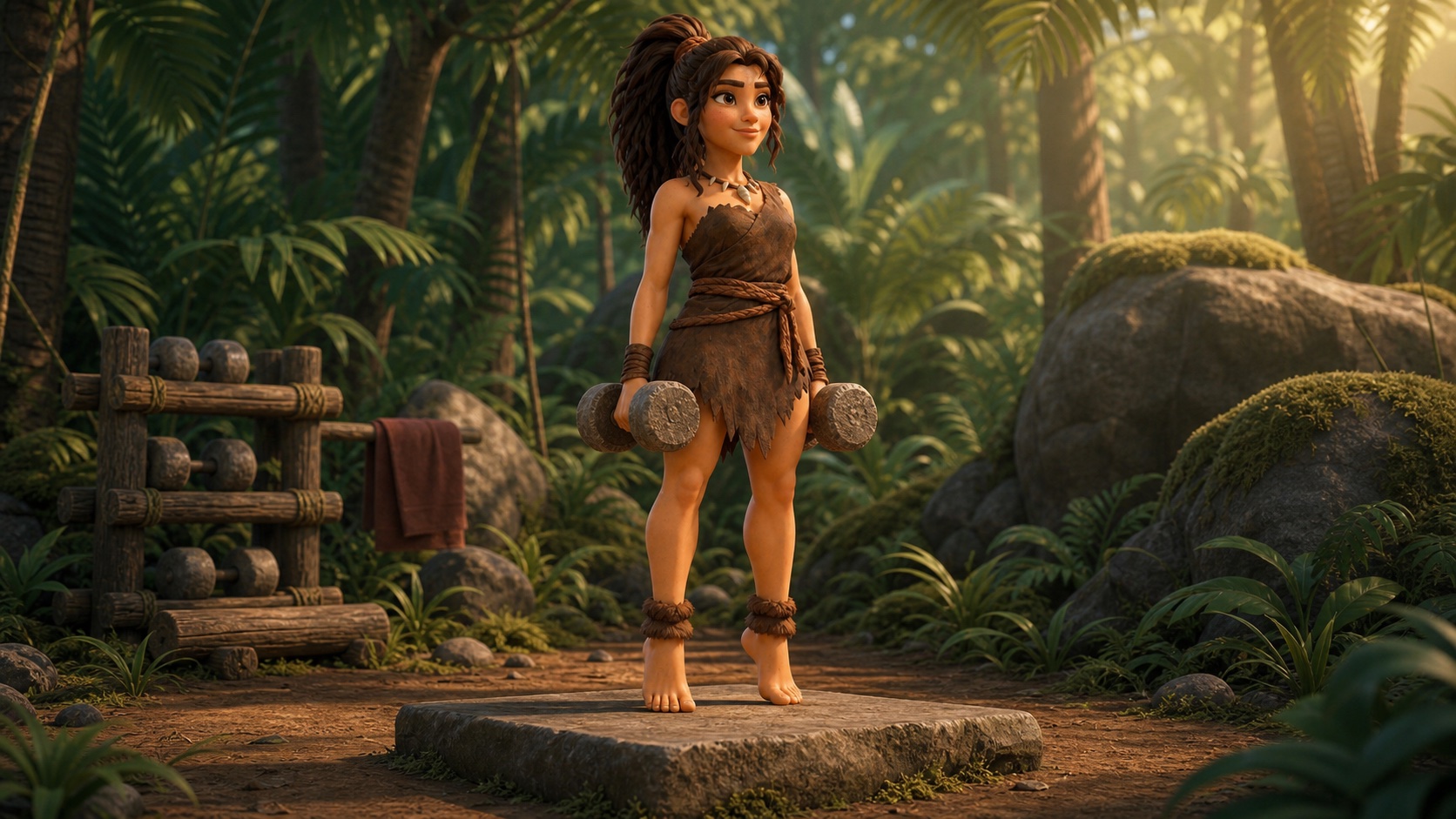 Tora demonstrating a standing dumbbell calf raise on a stone step