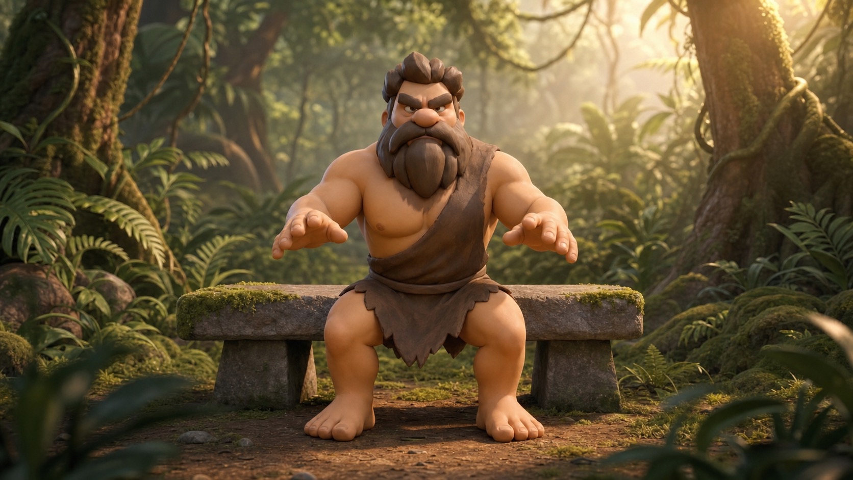 Torq practicing a bodyweight squat to bench in a jungle training clearing