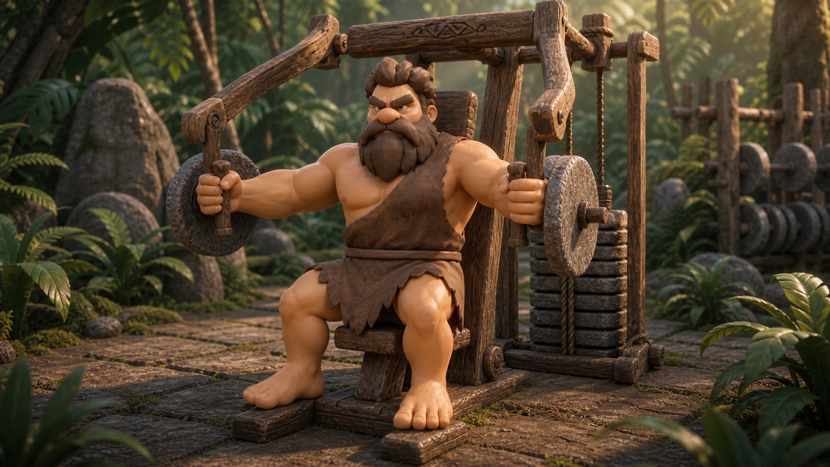 Tora using a chest press machine in a primitive jungle gym