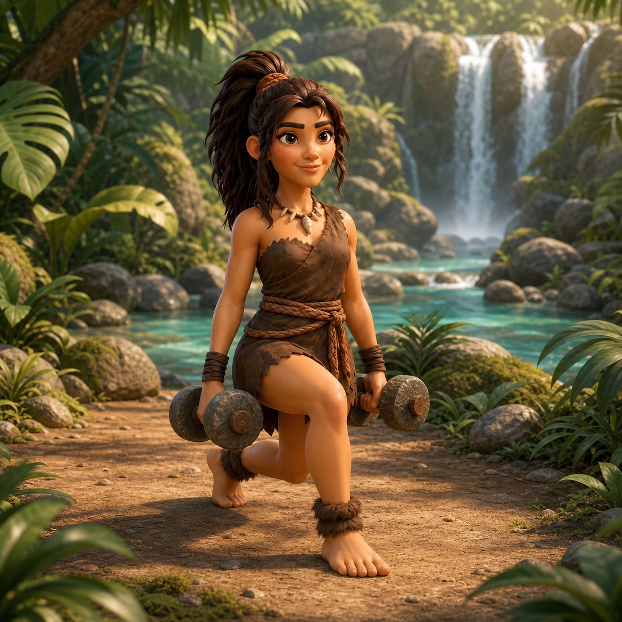 Tora performing a dumbbell walking lunge near a jungle waterfall