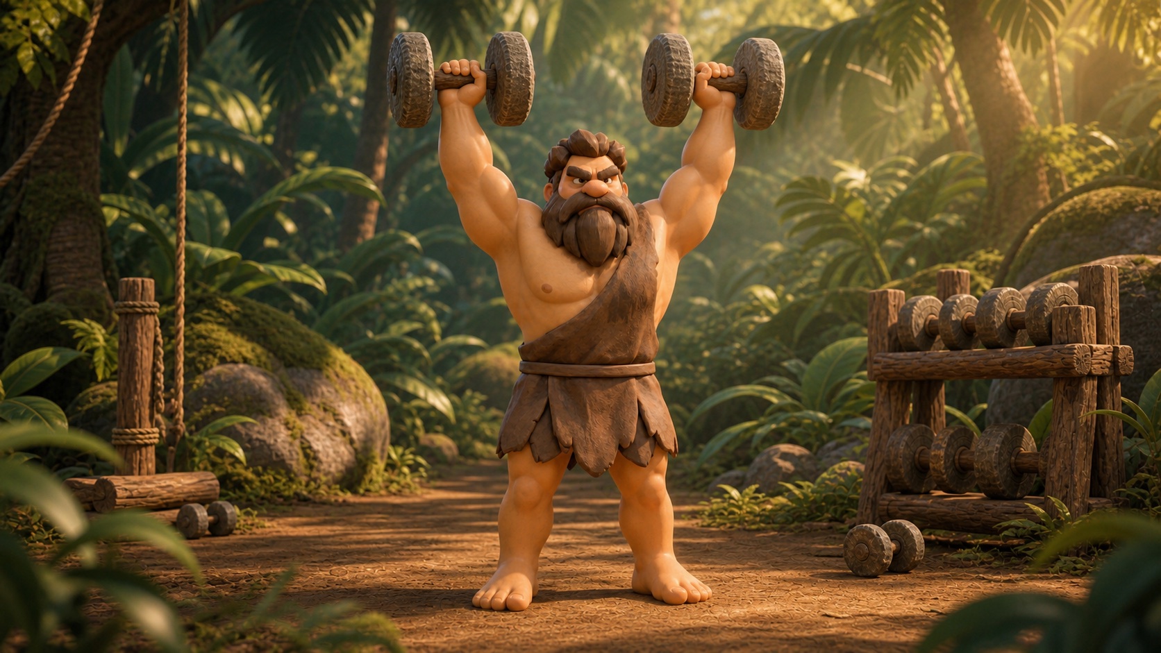 Torq performing a standing dumbbell overhead press in a jungle gym